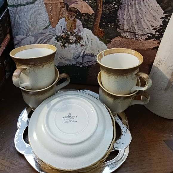 80's Mikasa WHOLE WHEAT Cream Center Brown Edge Stoneware Cups&Saucers Set 4. - Picture 10 of 16